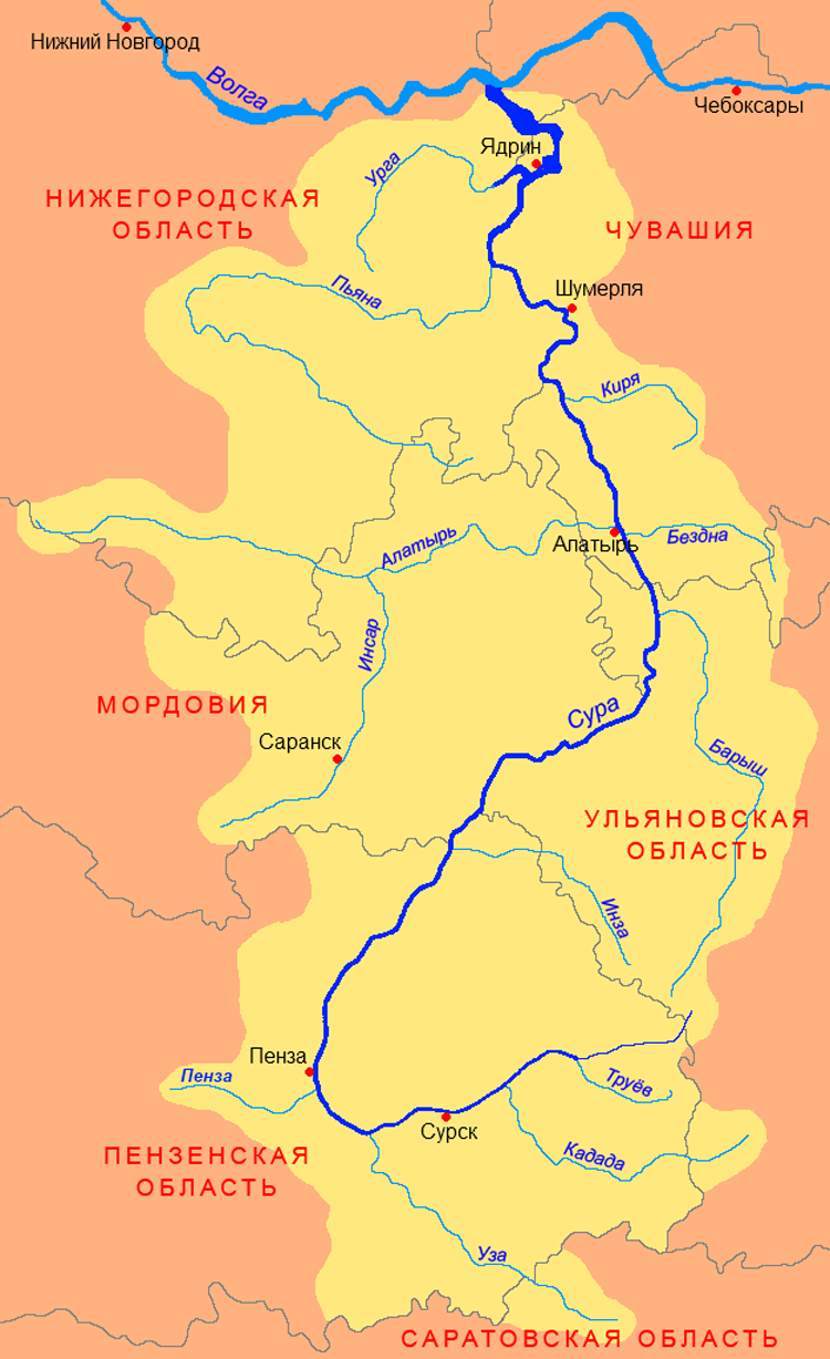 Откуда берет начало сура. Река Сура Ульяновская область на карте. Схема реки Сура. Бассейн реки Сура. Река Пенза , приток Сура.